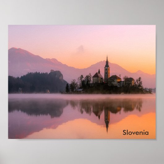 Beautiful Church on Island in Lake Bled Slovenia ポスター (正面)
