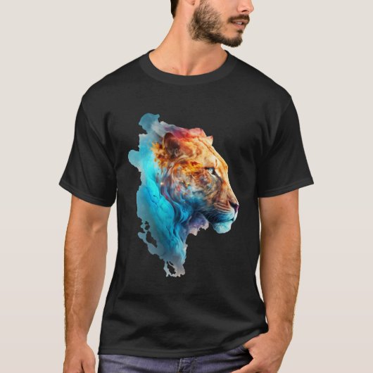 Beautiful colourful lion in blue smoke tシャツ (正面)
