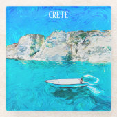 Beautiful Crete Greece Ocean Watercolor Painting ガラスコースター (正面)