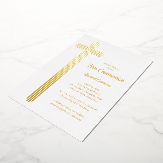 Beautiful Cross First Communion Gold 箔招待状 (回転した状態)