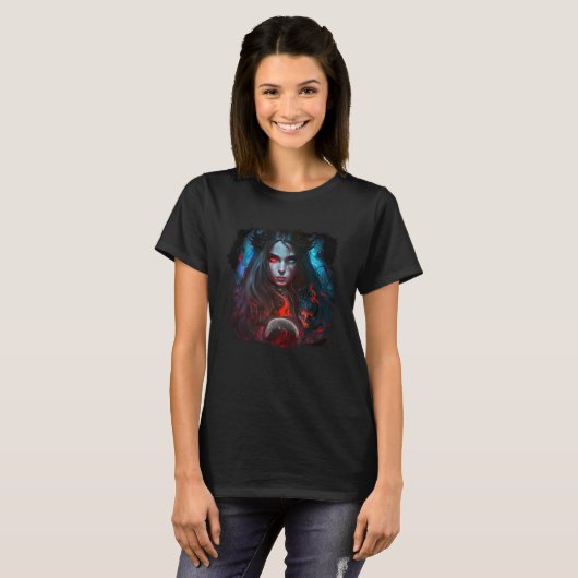 Beautiful Dark Elf Witch Summoning Demon Monster M Tシャツ (正面フル)