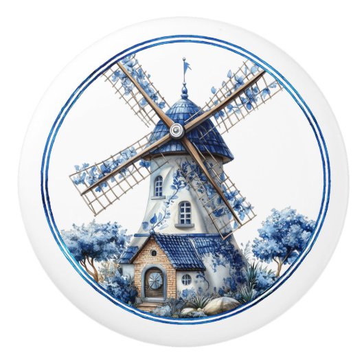 Beautiful Delft Blue Watercolor Windmill セラミックノブ (正面)