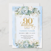 Beautiful dusty blue and gold 90th birthday invite 招待状 (正面)