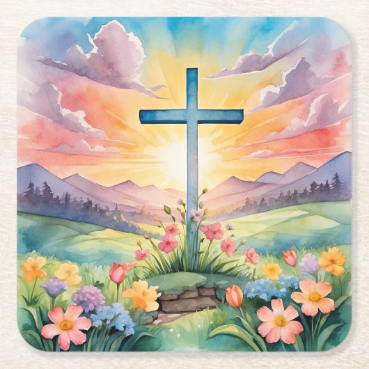 Beautiful Easter Watercolor Art スクエアペーパーコースター (正面)