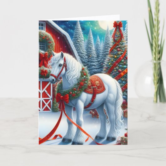 Beautiful Equestrian White Horse Christmas シーズンカード (正面)