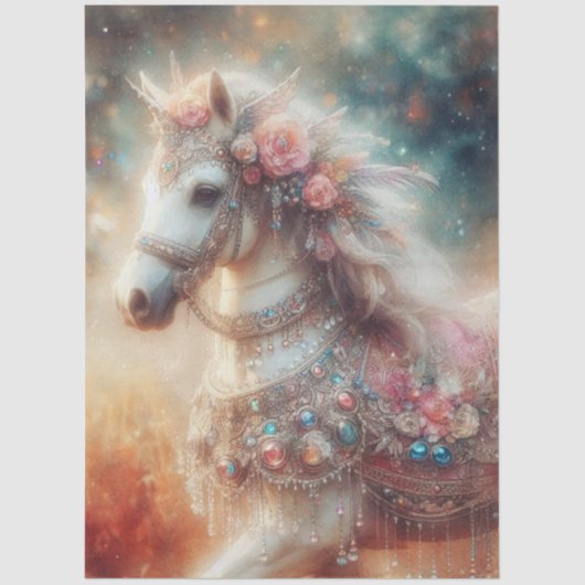 Beautiful Fancy White Horse With Flowers Decoupage 薄葉紙 (正面)