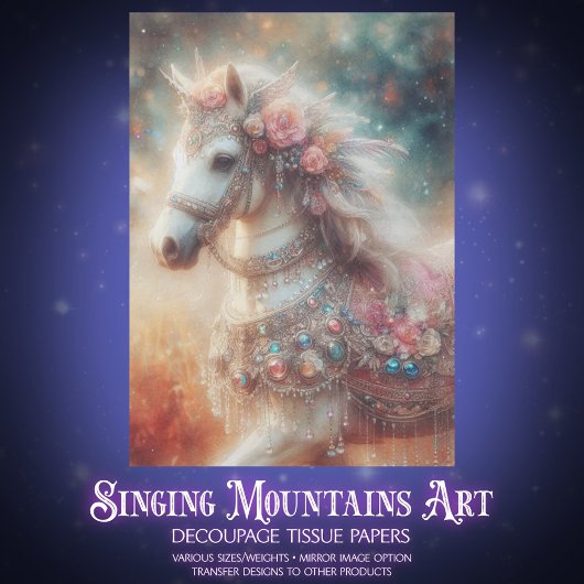 Beautiful Fancy White Horse With Flowers Decoupage 薄葉紙