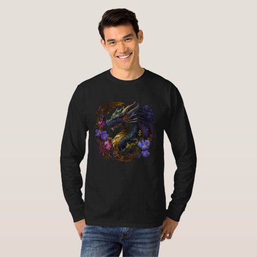 Beautiful Floral Dragon  Fantasy Cool Fun Flowers Tシャツ (正面フル)