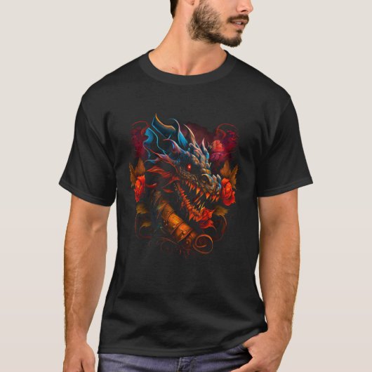 Beautiful Floral Dragon Fantasy Sharp Teeth Cool Tシャツ (正面)