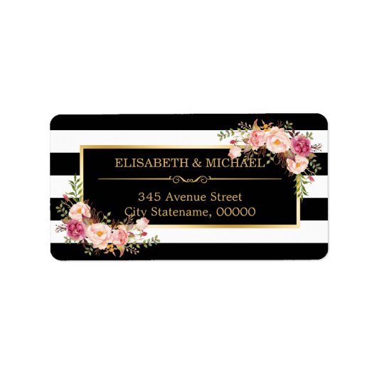 Beautiful Floral Gold Decor Black White Stripes ラベル (正面)