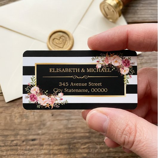 Beautiful Floral Gold Decor Black White Stripes ラベル