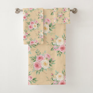 Beautiful Flowers in Pastel Color on Beige バスタオルセット