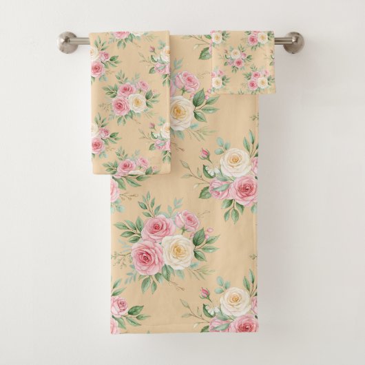 Beautiful Flowers in Pastel Color on Beige バスタオルセット (インサイチュ)
