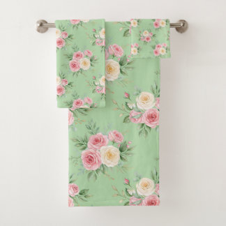 Beautiful Flowers in Pastel Color on Pale Green バスタオルセット