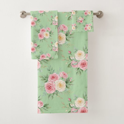 Beautiful Flowers in Pastel Color on Pale Green バスタオルセット (インサイチュ)