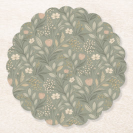 Beautiful Flowers on Sage Green Earthy Tone ペーパーコースター