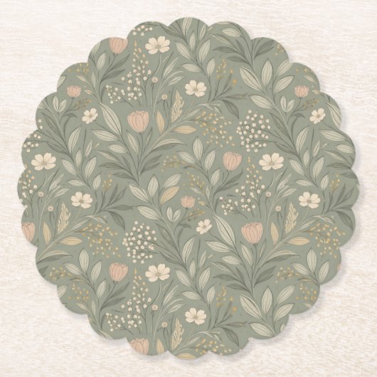Beautiful Flowers on Sage Green Earthy Tone ペーパーコースター (正面)