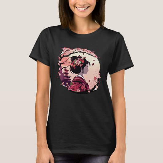 Beautiful geisha lady cherry blossom flowers pagod tシャツ (正面)