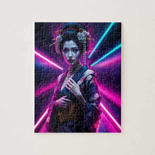 Beautiful Geisha Puzzle with Neon Background – Ele ジグソーパズル (縦)