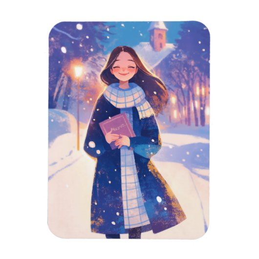Beautiful Girl Walking on Winter Street マグネット (縦)