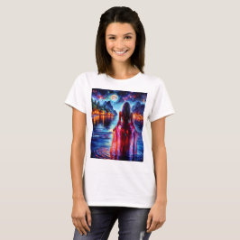 Beautiful girl watching glowing night water tシャツ