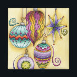 Beautiful Glass Colorful Christmas Ornaments マグネット<br><div class="desc">Vintage illustration Merry Christmas holiday design featuring a group of pretty hanging glass ornaments in various shapes (round,  teardrop,  star,  etc.) and sizes with a rainbow of colors,  patterns,  stripes and swirls. A very festive design great for any party! So fancy and elegant.</div>