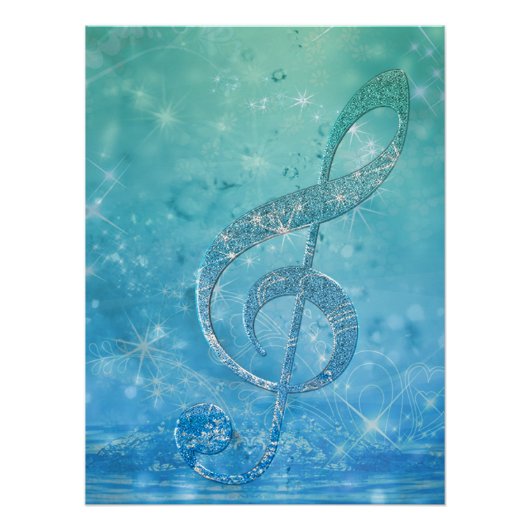 Beautiful Glittery Blue Music Note Treble Clef ポスター (正面)