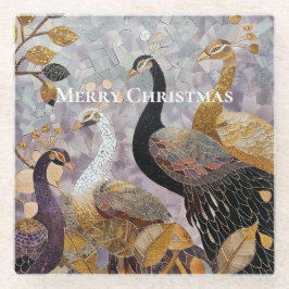 Beautiful Gold White Peacocks Christmas ガラスコースター