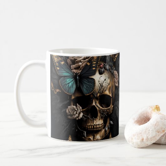 Beautiful Goth Art Skull with blue Butterfly コーヒーマグカップ (ドーナツ)
