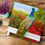 Beautiful Green Blue Peacock Photo Stylish Chic ジグソーパズル<br><div class="desc">There’s nothing quite as stunning as a royal blue peacock with its blue green gem-hued feathers, against a bright red flowering bush overlooking a Southern California coastal harbor. Celebrate its beauty every day whenever you work on this unique, colorful photography jigsaw puzzle. Makes a great gift for someone special! Comes...</div>