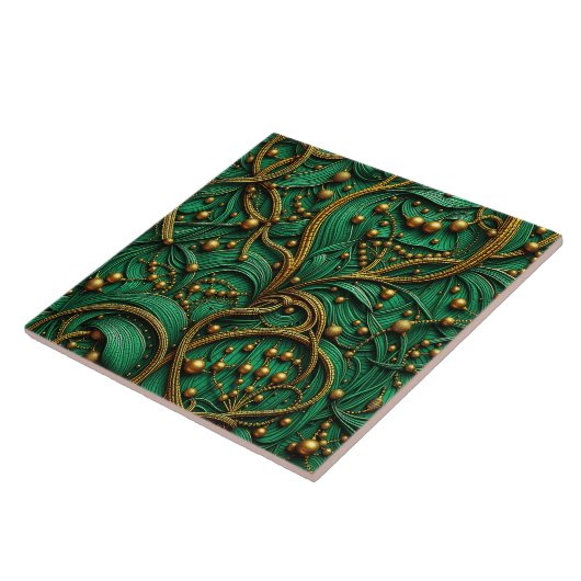 Beautiful Green & Gold Floral and Beads Abstract タイル (側面)