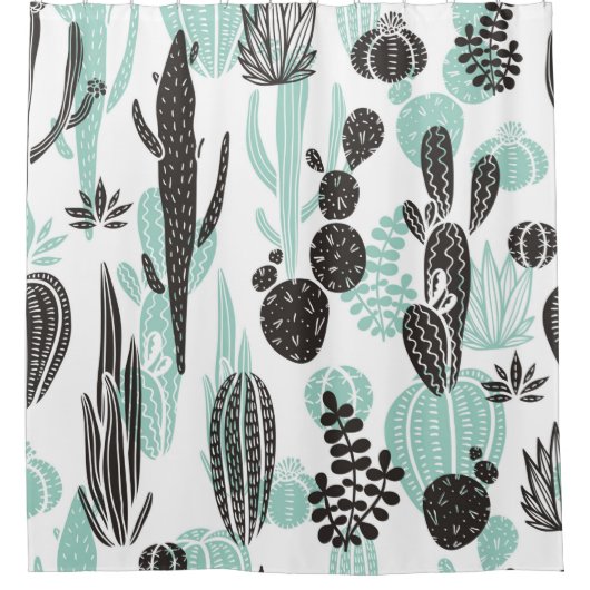 Beautiful hand drawn cacti doodle seamless pattern シャワーカーテン (正面)