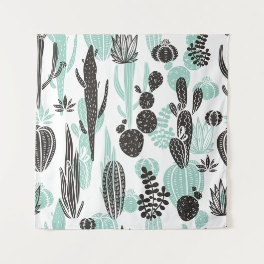 Beautiful hand drawn cacti doodle seamless pattern タペストリー (正面)