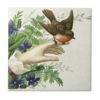 Beautiful hand with a bird and flowers タイル