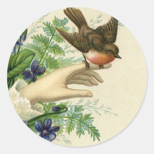 Beautiful hand with a bird and flowers ラウンドシール (正面)