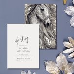 Beautiful Horse Modern Script 40th Birthday 招待状<br><div class="desc">This modern script 40th birthday party invitation is perfect for any horse lover.  The front features a modern minimalist design with a beautiful ornate silver-grey horse on the back.  All fonts and colors can be customized,  on the front of the invitation.</div>