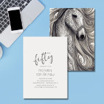 Beautiful Horse Modern Script 50th Birthday 招待状<br><div class="desc">This modern script 50th birthday party invitation is perfect for any horse lover.  The front features a modern minimalist design with a beautiful ornate silver-grey horse on the back.  All fonts and colors can be customized,  on the front of the invitation.</div>