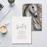 Beautiful Horse Modern Script 60th Birthday 招待状<br><div class="desc">This modern script 60th birthday party invitation is perfect for any horse lover.  The front features a modern minimalist design with a beautiful ornate silver-grey horse on the back.  All fonts and colors can be customized,  on the front of the invitation.</div>
