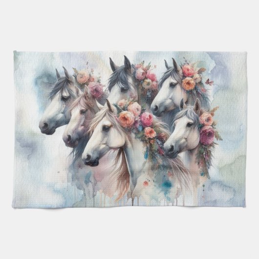Beautiful Horses Floral Kitchen Towel キッチンタオル (横)