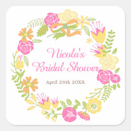 Beautiful Hot Pink Floral Wreath Bridal Shower スクエアシール
