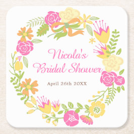 Beautiful Hot Pink Floral Wreath Bridal Shower スクエアペーパーコースター