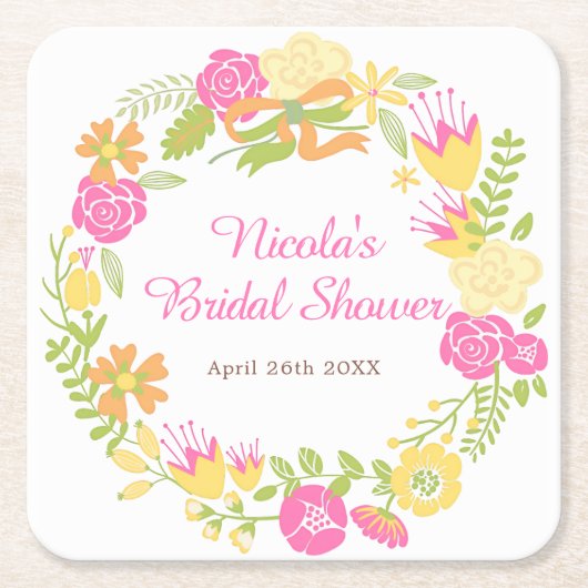 Beautiful Hot Pink Floral Wreath Bridal Shower スクエアペーパーコースター (正面)