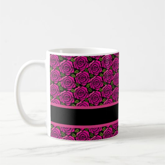 Beautiful Hot Pink Roses Custom Name Monogram Gift コーヒーマグカップ (左)