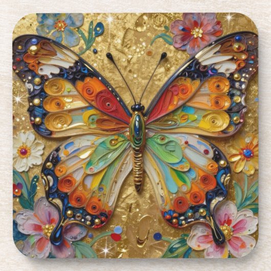 Beautiful Impasto Butterfly and Flowers   コースター (正面)