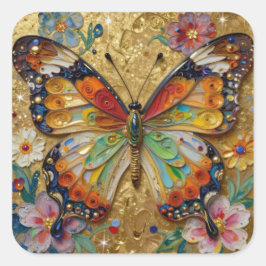 Beautiful Impasto Butterfly and Flowers   スクエアシール