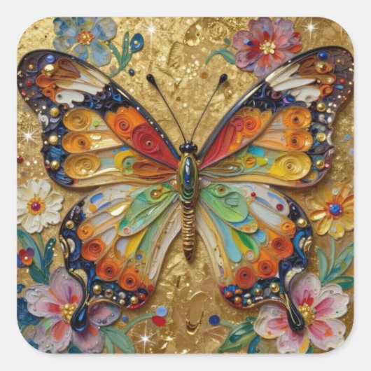 Beautiful Impasto Butterfly and Flowers   スクエアシール (正面)
