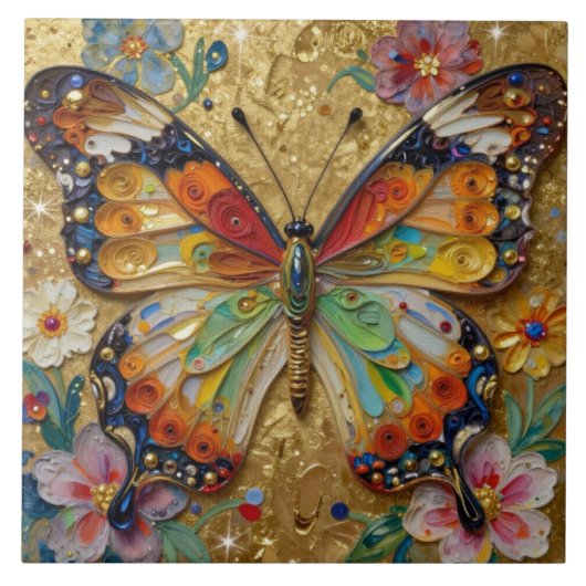 Beautiful Impasto Butterfly and Flowers   タイル (正面)