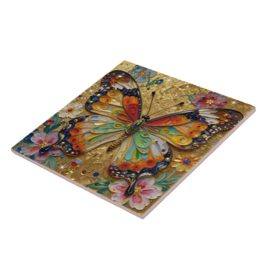 Beautiful Impasto Butterfly and Flowers   タイル (側面)