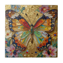 Beautiful Impasto Butterfly and Flowers   タイル