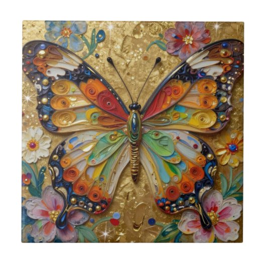 Beautiful Impasto Butterfly and Flowers   タイル (正面)
